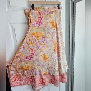 Silk Sari Wrap Skirt, Goddess Ankle, Plus Size, peach and floral